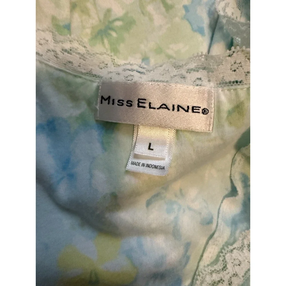 Miss Elaine Nightgown Womens Large Blue Floral Lace Trim Short Sleeve Knit Gown